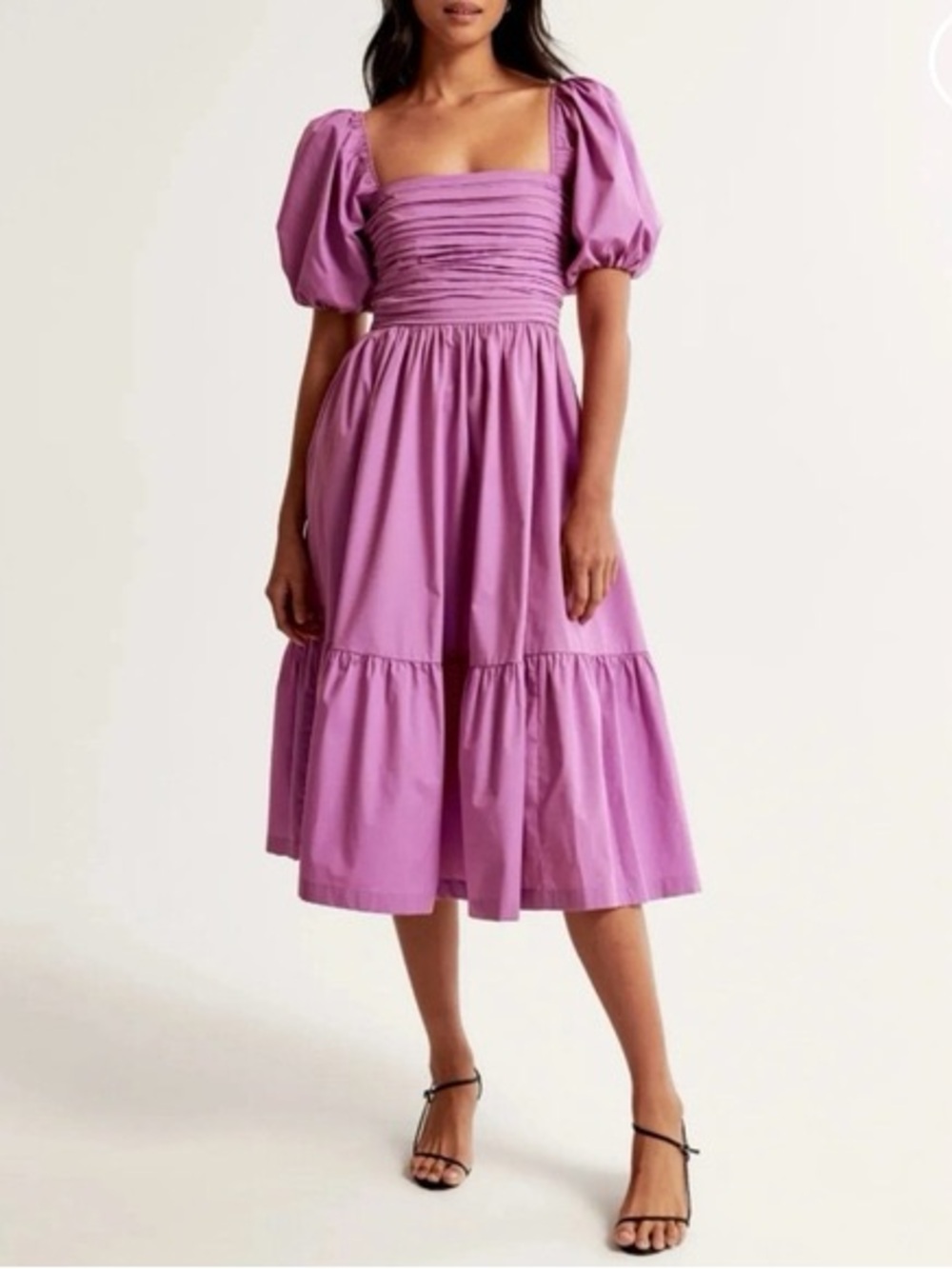 Abercrombie & Fitch Lilac Puff-Sleeve Tiered Midi Dress